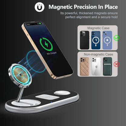 2025 Upgraded 3 in 1 Charging Station for Apple Devices, Fast Magnetic Mag-Safe Wireless Charger Stand for iPhone 16/15/14/13/12 Series & Apple Watch 1-10/Ultra & AirPods Pro (Silver)