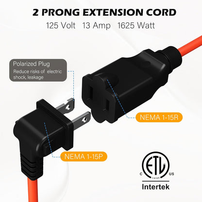 90 Degree 2 Prong Polarized Outdoor Power Extension Cord 50 FT, Angled Low-Profile Plug, 16 Gauge 125V SJTW Waterproof Long Cable for Home Office Lawnmower Garden Tools Lights, ETL+Ties-Bright Orange