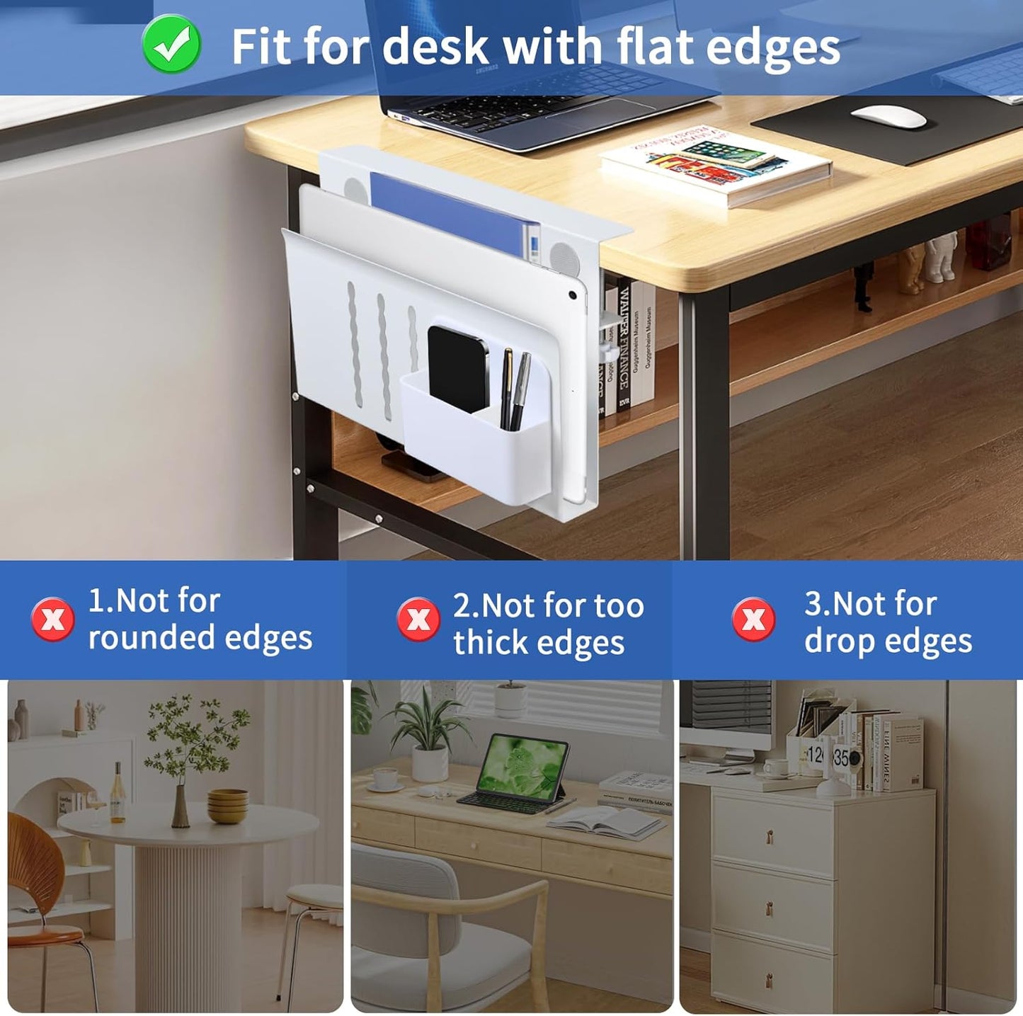 LUKETURE Laptop Holder, Steel Desk Side Storage, No Drill Standing Desk Accessories, Clamp on Laptop Mount with Pen Holder, Fits Flat Edge Tables 0.3" to 2.8" (White, M(1 Tier))