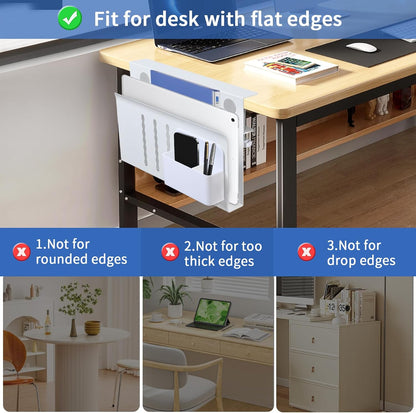 LUKETURE Laptop Holder, Steel Desk Side Storage, No Drill Standing Desk Accessories, Clamp on Laptop Mount with Pen Holder, Fits Flat Edge Tables 0.3" to 2.8" (White, M(1 Tier))