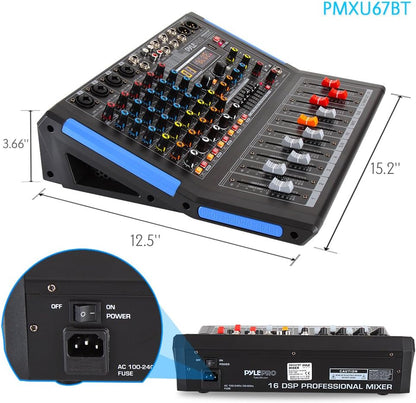 Pyle 6-Channel Bluetooth Studio Audio Mixer - DJ Controller w/ USB Drive - XLR Mic Input - +48V Phantom Power - 16 DSP Effects - MP3/WAV Playback - For Professional & Beginner Use - PMXU67BT