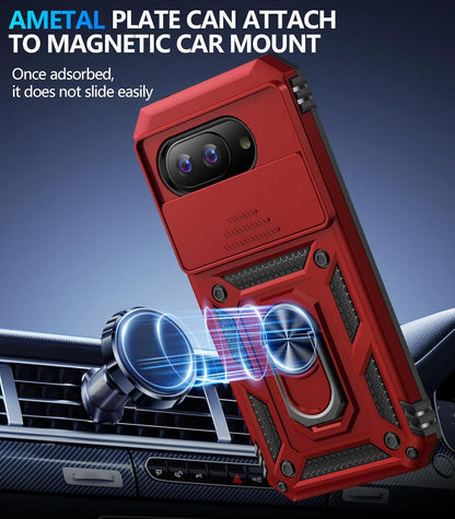 Taisairu for Google Pixel 9A Case with Screen Protector & Slide Camera Lens Cover, Built-in 360°Rotate Magnetic Ring Stand Shockproof Protective Phone Case for Google Pixel 9A Case (Red)