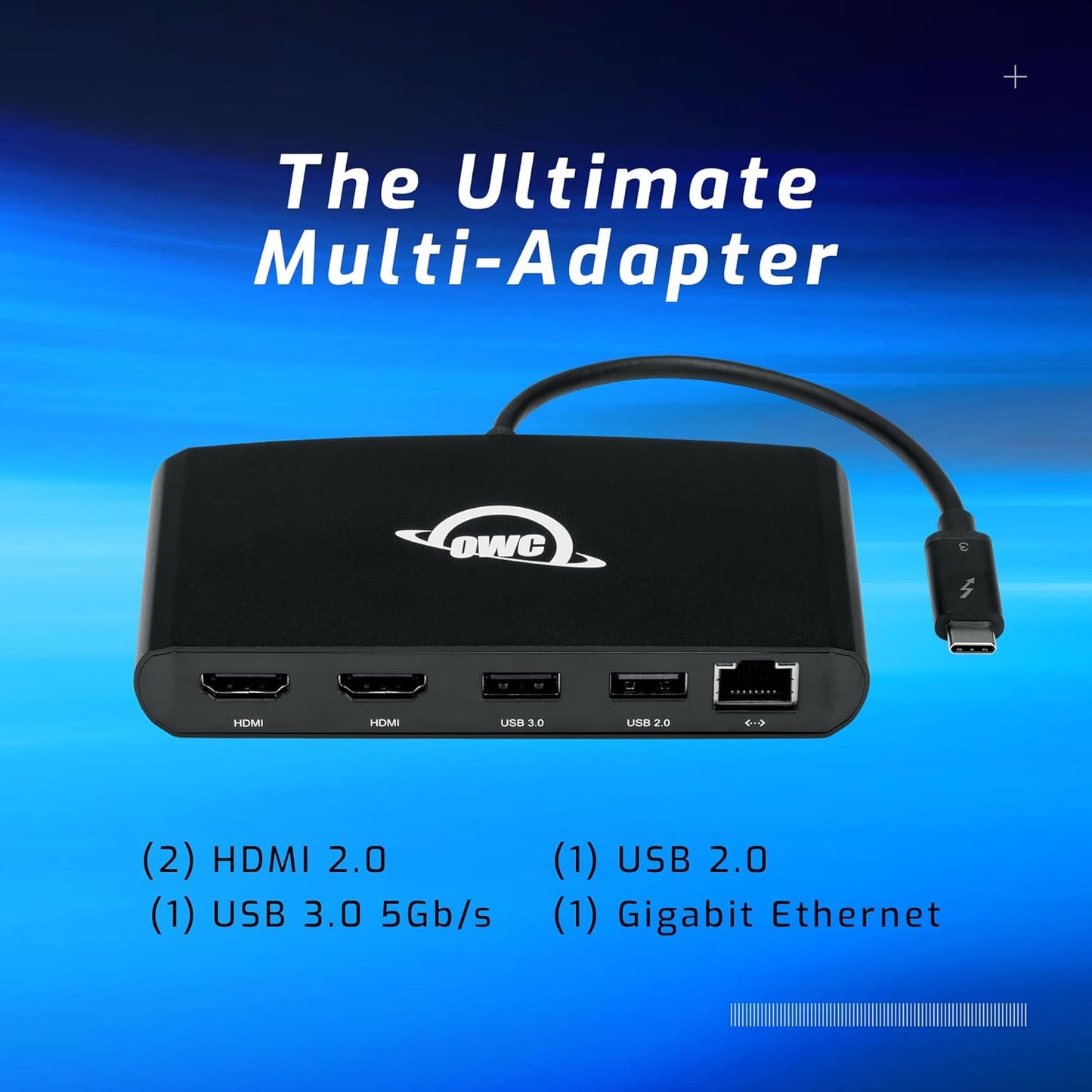 OWC Thunderbolt mini Dock, Bus-Powered 5-Port Multi-Adapter with Dual 4K HDMI, Dual USB, Gigabit Ethernet, Integrated 7.2-inch TB Cable, for TB (USB-C) Equipped Mac and PC
