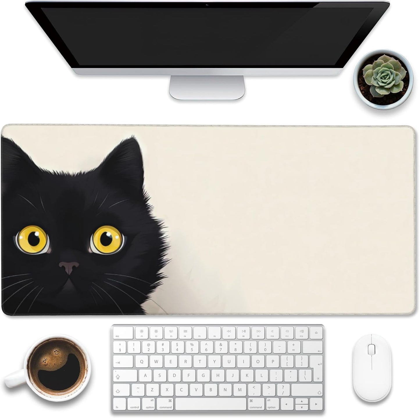 Desk Pad,Black Cat Desk Mat,Cute Cat Large Gaming Mouse Pad for Desk,Extended Big Computer Keyboard Mouse Pad with Non-Slip Base and Stitched Edge,35.4"x15.7"