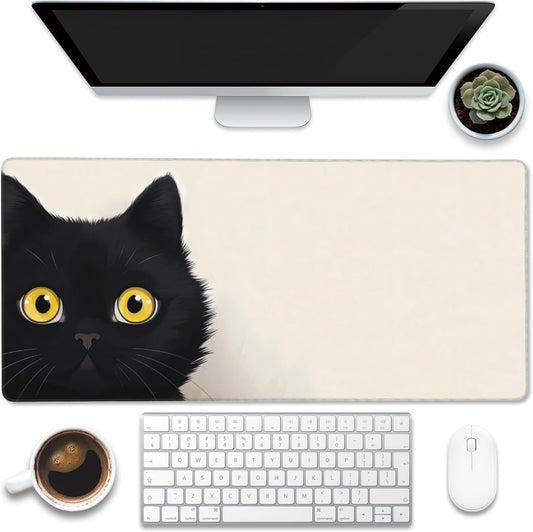 Desk Pad,Black Cat Desk Mat,Cute Cat Large Gaming Mouse Pad for Desk,Extended Big Computer Keyboard Mouse Pad with Non-Slip Base and Stitched Edge,35.4"x15.7"