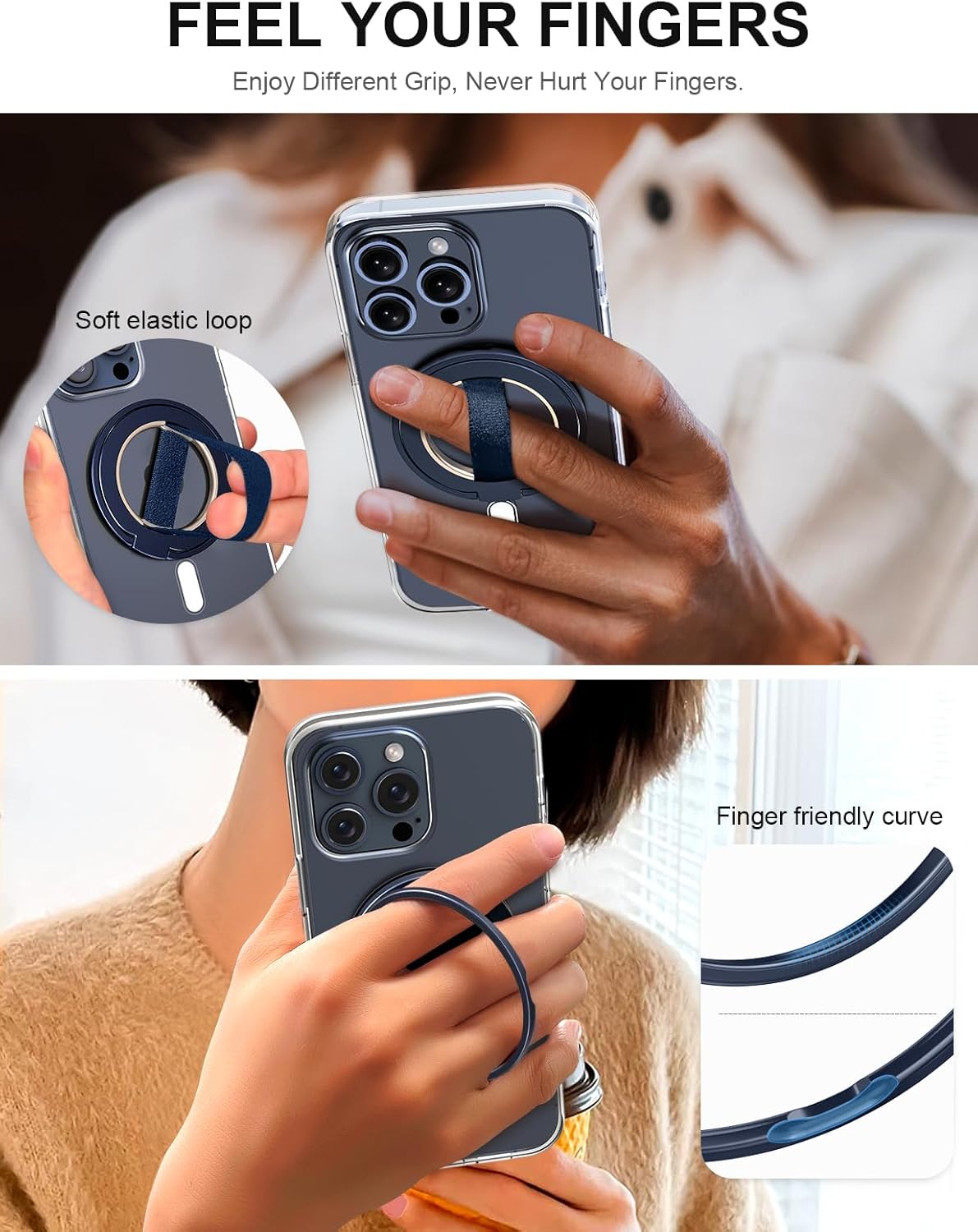 EWA MagOne Ultra Phone Grip Stand with Replaceable Elastic Finger Loop, Removable Magnetic Ring Holder Kickstand Loop, Double-Sided Magnetic Accessories for iPhone 16, 15, 14, 13 Pro/Max/Plus-Blue