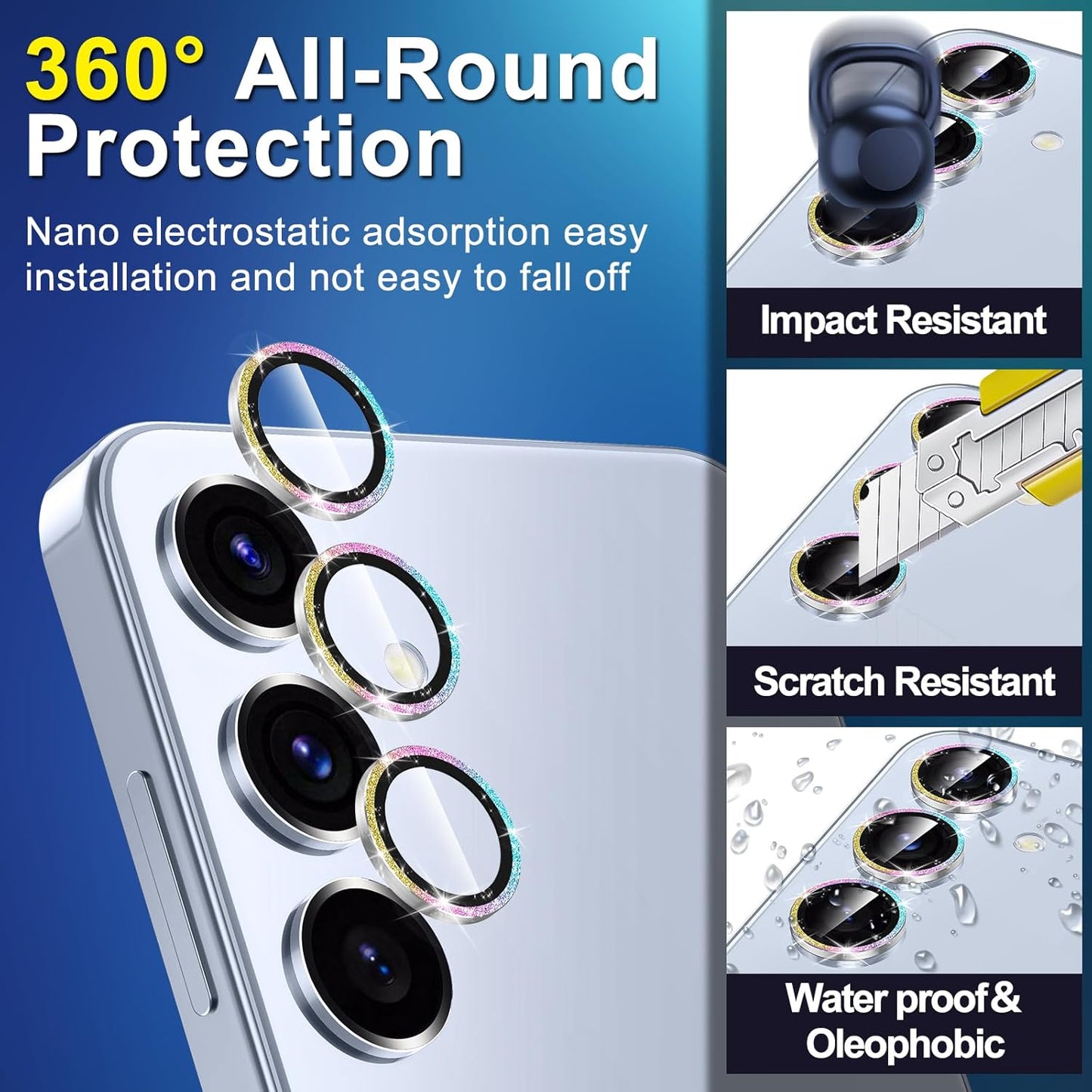 for Samsung Galaxy S25 Plus Camera Lens Protector, Individual Metal Ring Tempered Glass Lens Cover, [Strong Adsorption] Scratch Resistant Ultra-Thin HD Clear Lens Cover, 1 Set-Colorful Sparkly