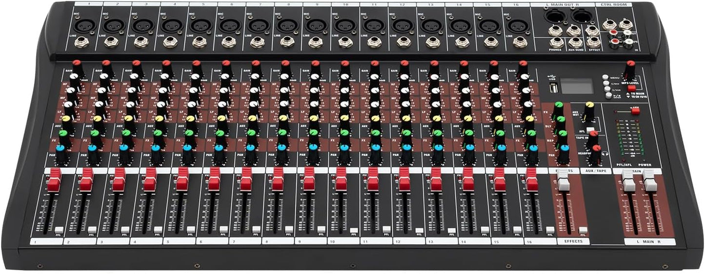 16 Channel Audio Mixer, Soundboard Mixing Console Sound Mixer DJ Sound Controller with USB & Bluetooth, Studio Audio Mixer for Professional and Beginners (16 Channel)