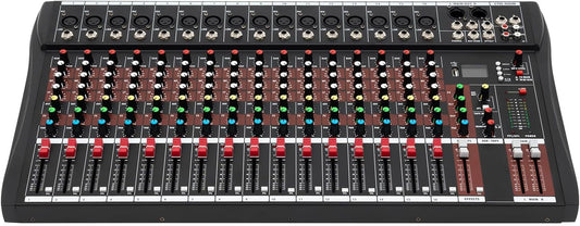 16 Channel Audio Mixer, Soundboard Mixing Console Sound Mixer DJ Sound Controller with USB & Bluetooth, Studio Audio Mixer for Professional and Beginners (16 Channel)