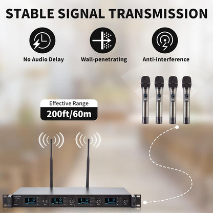 Wireless Microphone System, 4-Channel UHF Wireless Mic, Fixed Frequency Metal Cordless Mic with 4 Handheld Dynamic Microphones, 200ft Range, Mics for Singing, Church (4 Handheld)