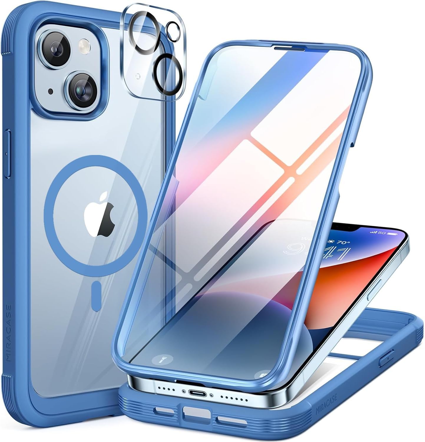 Miracase Magnetic for iPhone 14 Case 6.1", [Built-in Tempered Glass Screen Protector + Lens Protector] [Compatible with MagSafe] Full-Body Protective Bumper 14 Phone Cover, Blue