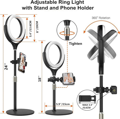 8 inch Desk Ring Light with Stand, Adjustable Computer Circle Light for Video Conference Lighting, Zoom Calls, Virtual Meeting, Video Recording, Selfie Light with Phone Holder for Streaming, Podcast