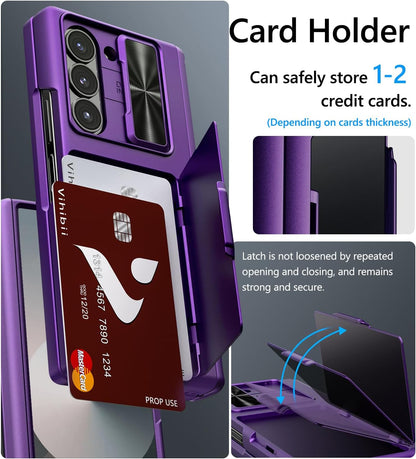 Vihibii for Samsung Galaxy Z Fold 6 Case with S Pen Holder & Card Holder & Slide Camera Cover & Screen Protector & Hinge Protection, Heavy Duty Rugged Wallet Case for Galaxy Z Fold 6, Dark Purple