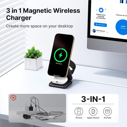 3 in 1 Charging Station for Apple Multiple Devices, Zinc Alloy Foldable Travel Wireless Charging pad for Mag-Safe Wireless Charger Stand for iPhone 16 15 14 13 12 Apple Watch Airpods