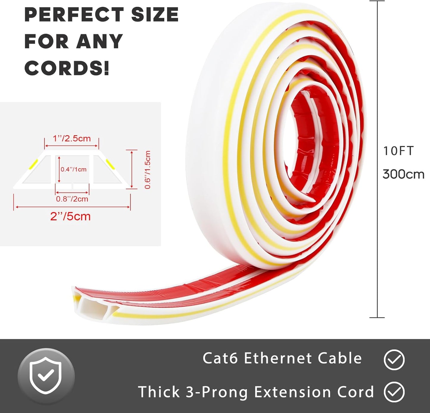 10ft Large White Floor Cord Cover, Self-2" (W) x 0.6"(H), Cable Cavity:0.8"(W) x 0.4"(H), Adhesive Power Cable Protector, Silicone Cord Protector, Cord Management, Cord Concealer and Cable Hider