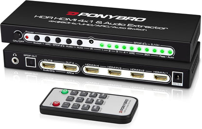 HDMI 2.0 Switch 4 Port with Audio Extractor – 4K@60Hz HDR10, Optical/AUX/ARC Audio Output, Auto-Switching for PS5/Xbox/Soundbar, Dolby Digital & DTS Support, Remote Included.