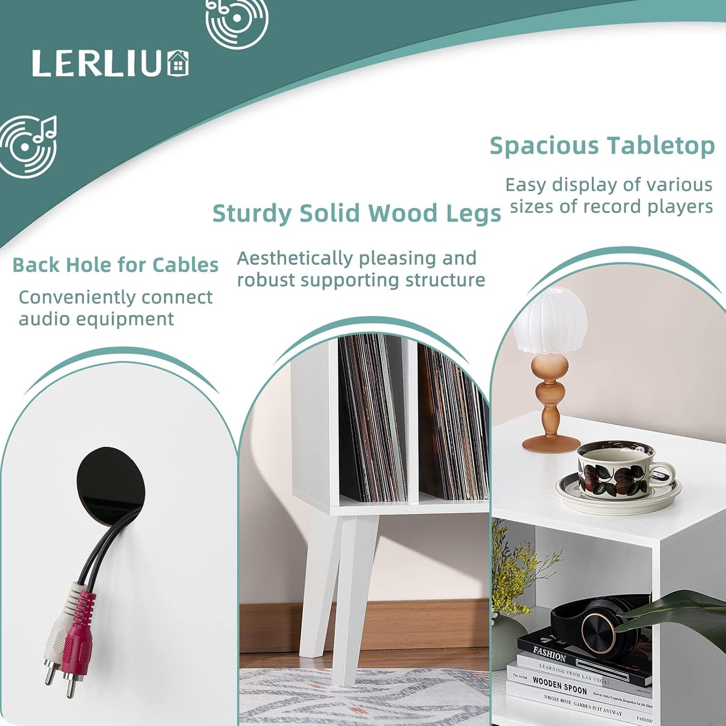 Lerliuo Record Player Stand, White Turntable Stand Holds up to 160 Albums, Mid-Century Vinyl Storage Cabinet Table with Solid Wood Legs, Record Player Holder Dispaly Shelf for Bedroom Living Room