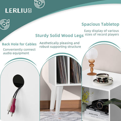 Lerliuo Record Player Stand, White Turntable Stand Holds up to 160 Albums, Mid-Century Vinyl Storage Cabinet Table with Solid Wood Legs, Record Player Holder Dispaly Shelf for Bedroom Living Room
