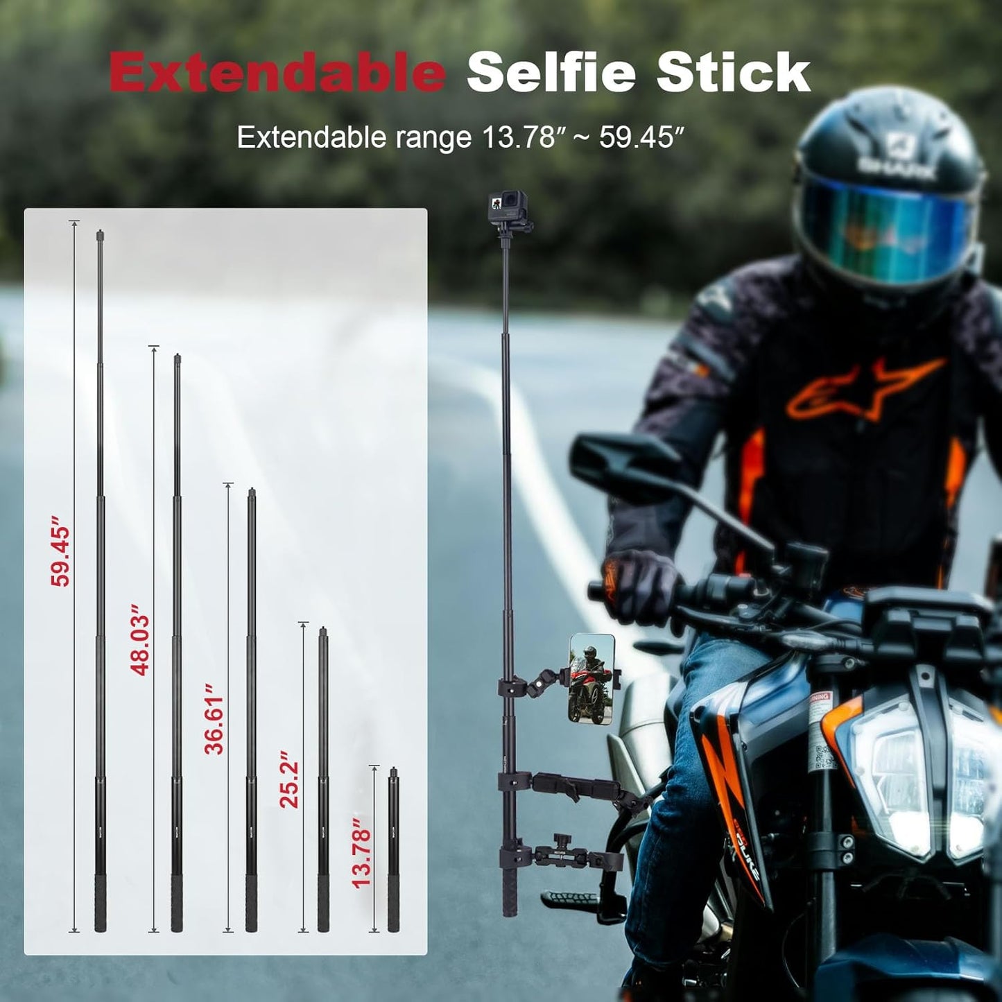 Motorcycle Ebike Mount kit for Insta360 X5, Bike & Golf Car Handlebar Clamp Mount and 59" Invisible Selfie Stick Bundle Kit, Super Clamp, Action Camera Adapter for GO2/3/3S/DJl, JC027