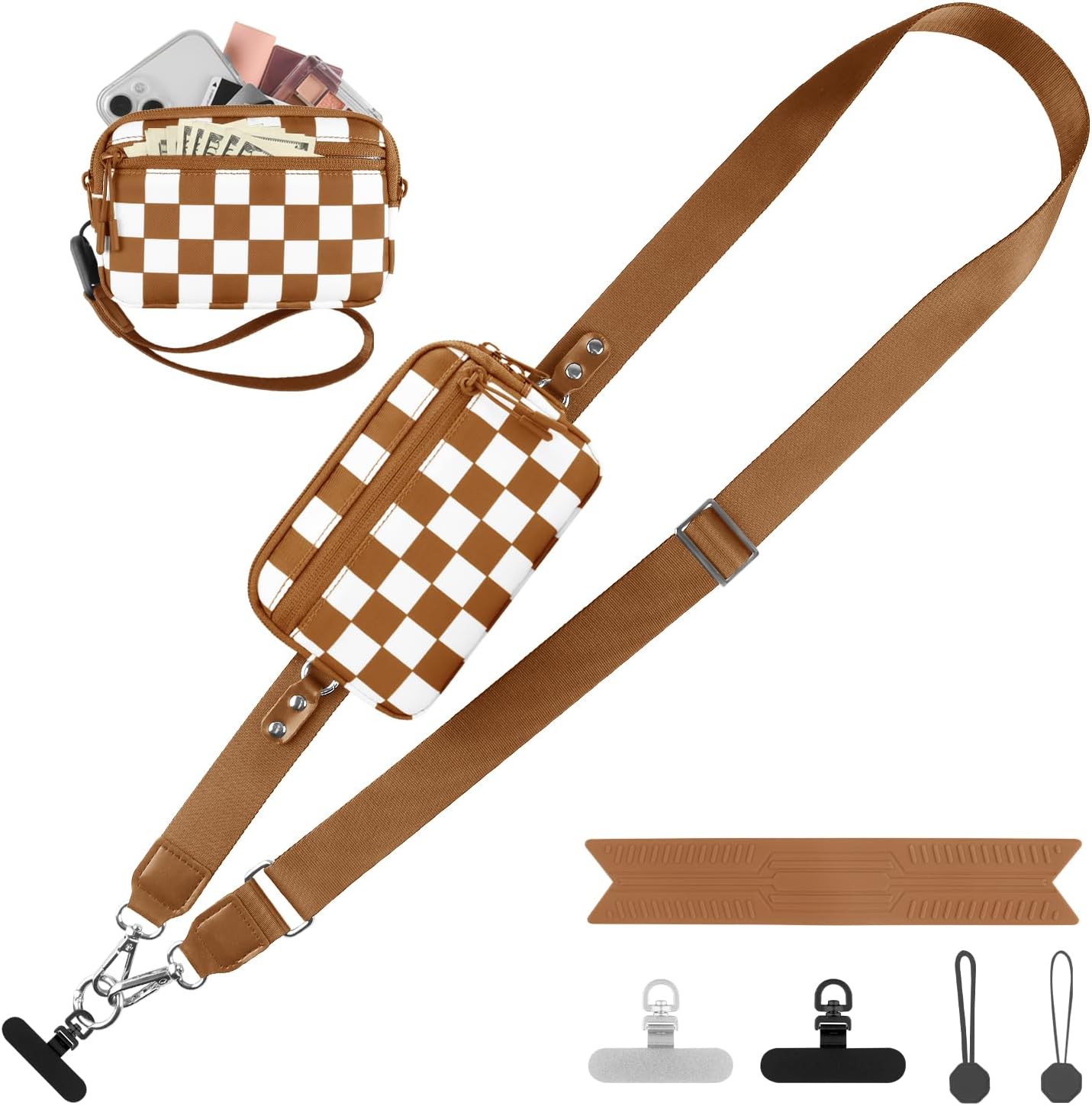 Clip and Go Strap for Phone with Wallet Crossbody, Adjustable Phone Lanyard with Detachable RFID Wristlet Wallet, Phone Strap with Phone Tabs for All Phones, Bronze Checkered (M)