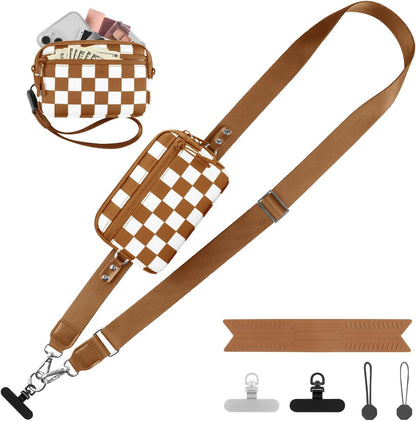 Clip and Go Strap for Phone with Wallet Crossbody, Adjustable Phone Lanyard with Detachable RFID Wristlet Wallet, Phone Strap with Phone Tabs for All Phones, Bronze Checkered (M)