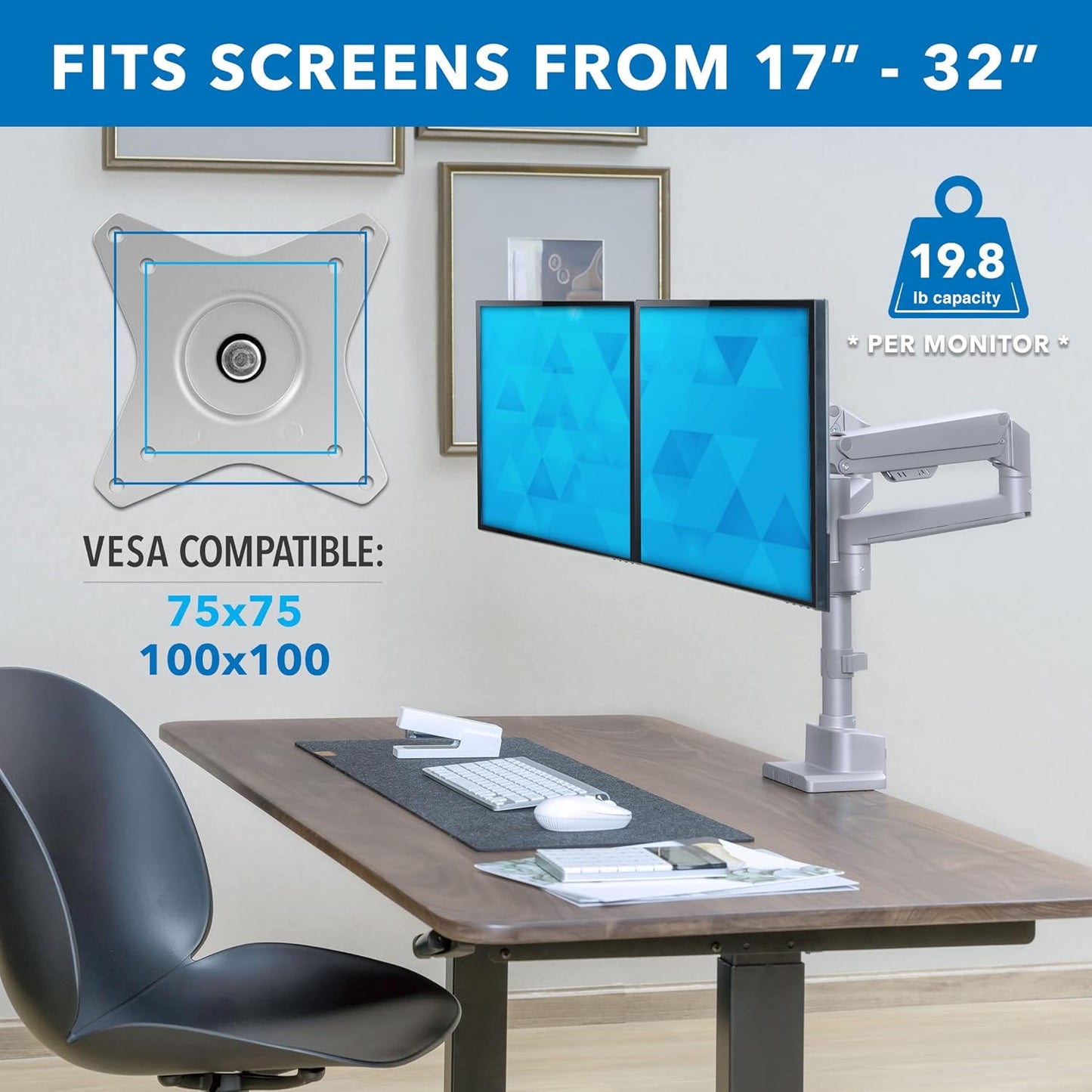 Mount-It! Dual Monitor Mount - Monitor Stands for 2 Monitors, Computer Arms on Desk Stand, Gas Spring Height Adjustable Desk Mount in Silver, VESA 75, 100 Fits Screens Up to 32", Silver Color