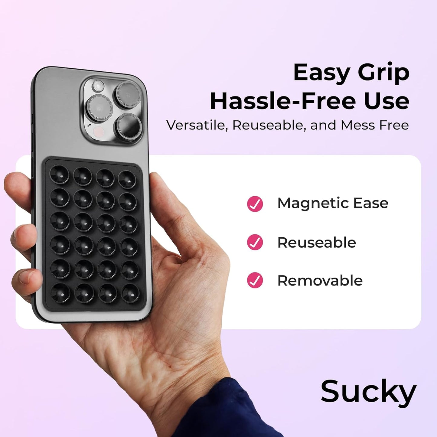 Sucky Upgraded Magnetic Suction Cell Phone Grip for MagSafe Case, Silicone Octo Cup Buddy Holder, Durable Magnet Phone Accessory for iPhone and Android (Pink)