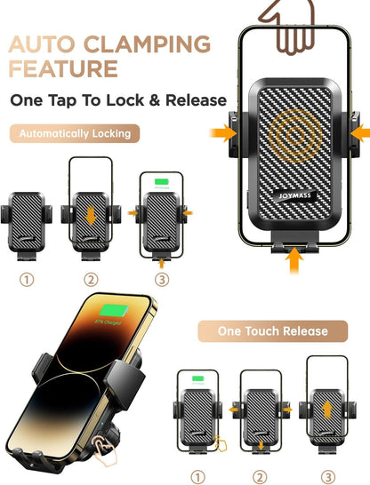 Wireless Car Charger, Phone Holders for Your Car, 15W Auto Clamping Phone Mount Car Accessories for iPhone 16 15 14 13 12 Mini Pro Max 11 XR XS, Samsung Galaxy S24 Ultra S23 S22+ Note 20, etc