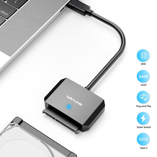 WAVLINK SATA to USB Type-C Hard Drive Cable, 5Gbps USB C to Sata Cable Support UASP, External Hard Drive SATA I/II/III Connector 2.5" SSD/HDD and 3.5" HDD up to 20TB, Power Adapter Included