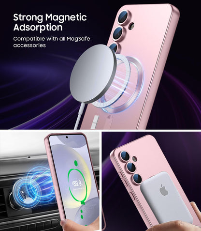 Magnetic for Samsung Galaxy S24 Plus Case [Compatible with MagSafe][Built-in Camera Lens Protector] Slim Soft Silicone Bumper Shockproof Metallic Luster Phone Case (Rose Gold)