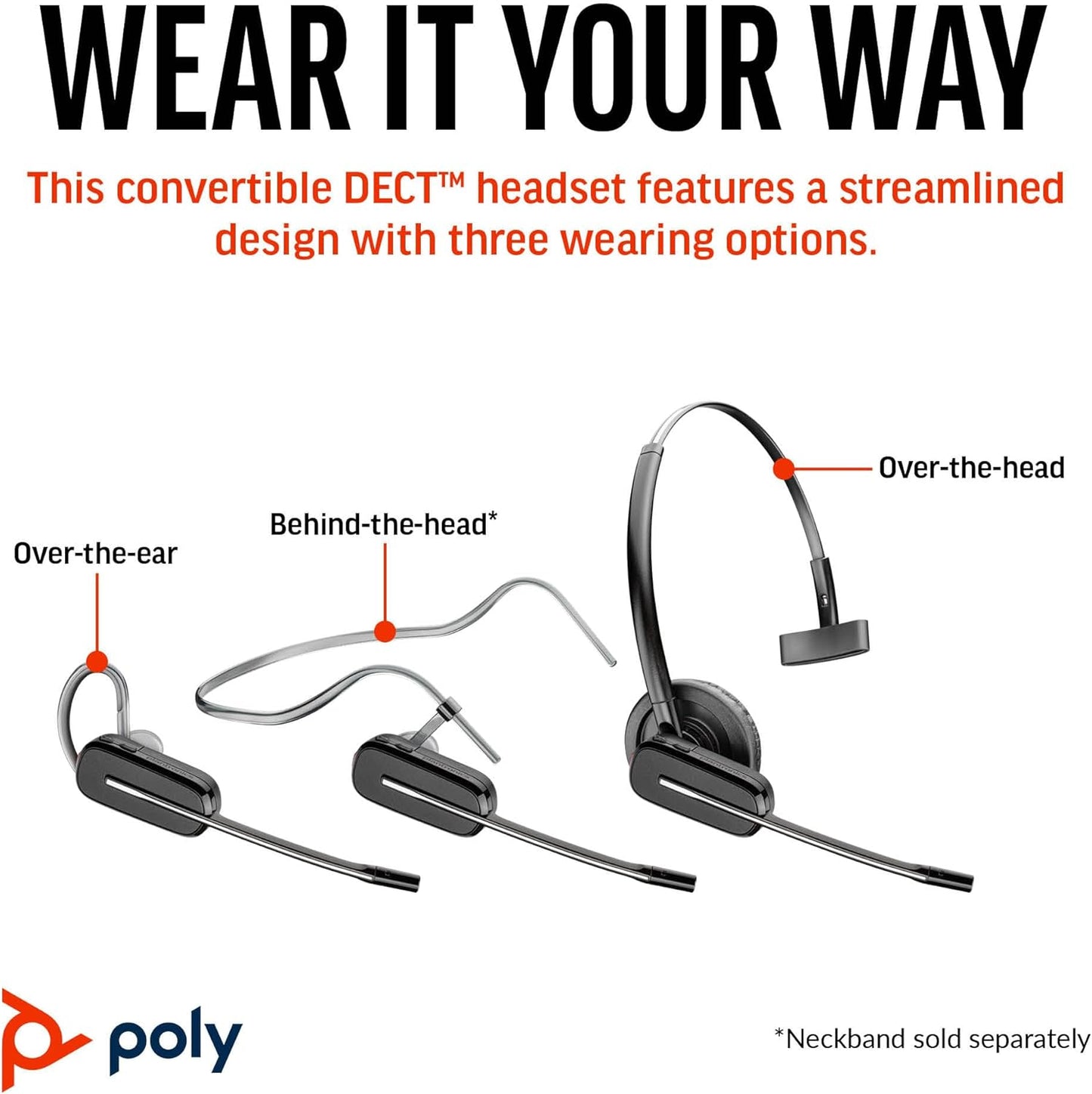 Poly CS540 Wireless DECT Headset (Plantronics) – Single Ear (Mono) Convertible (3 wearing styles) – Connects to Desk Phone – Noise Canceling Microphone – Amazon Exclusive