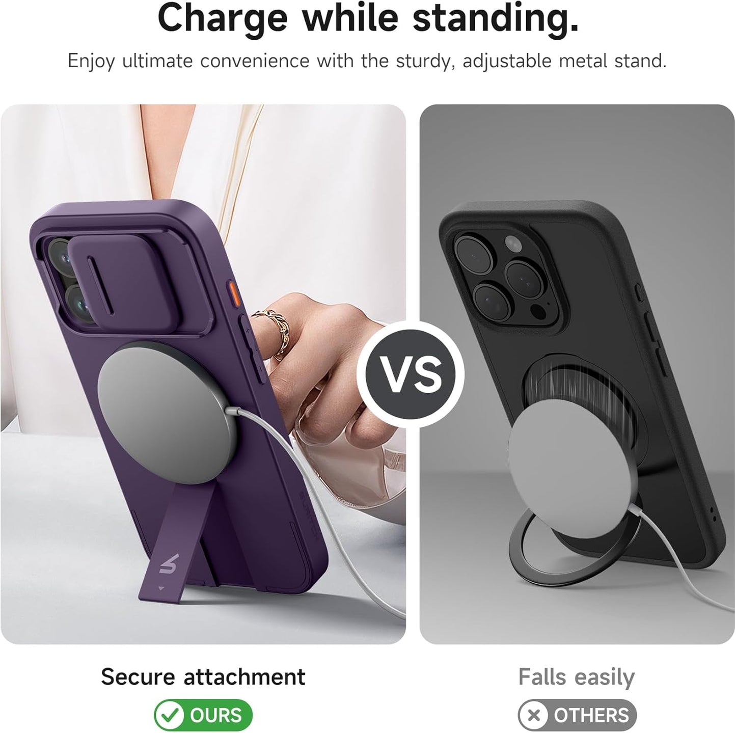 SURITCH for iPhone 15 Pro Case with Magnetic Camera Slide Cover and Adjustable Kickstand, Compatible with MagSafe, Shockproof Bumper Case Slim Protective Cover 6.1 Inch, Dark Purple