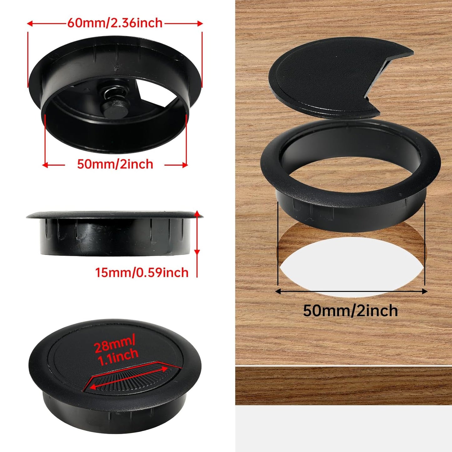 12 Pcs Desk Grommet 2 inch(50mm), Desk Hole Grommet, Cable Grommet, Desk Hole Cover, Desk Cord Hole Cover, Desk Cable Hole Cover with Hole Saw, Desk Wire Hole Insert, Furniture Hole Cover(Black)