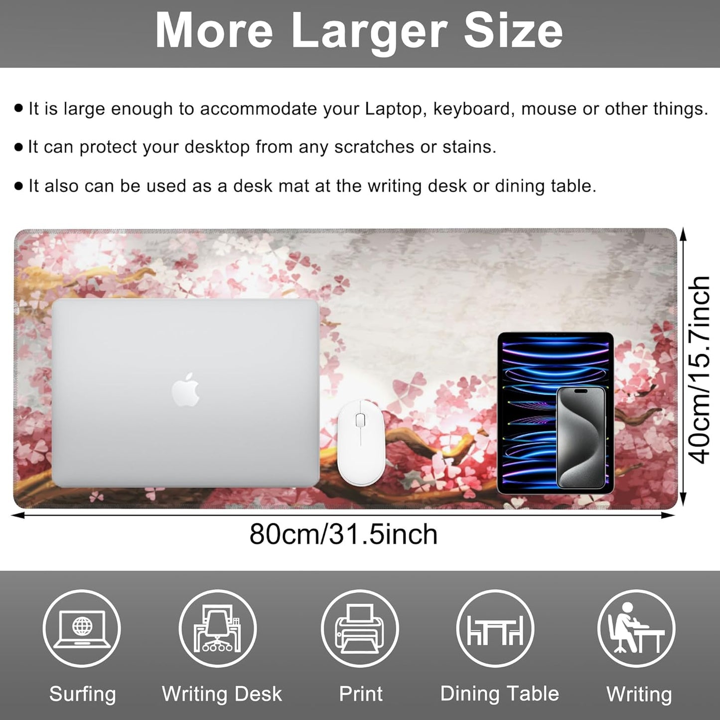 Mouse Pad, Large Blooming Sakura Desk Mat, Extended Non-Slip Gaming Keyboard Mousepad Desk Pad, Thick Stitched Edges Waterproof Mouse Mat 31.5"x15.7" (Cherry Branch)
