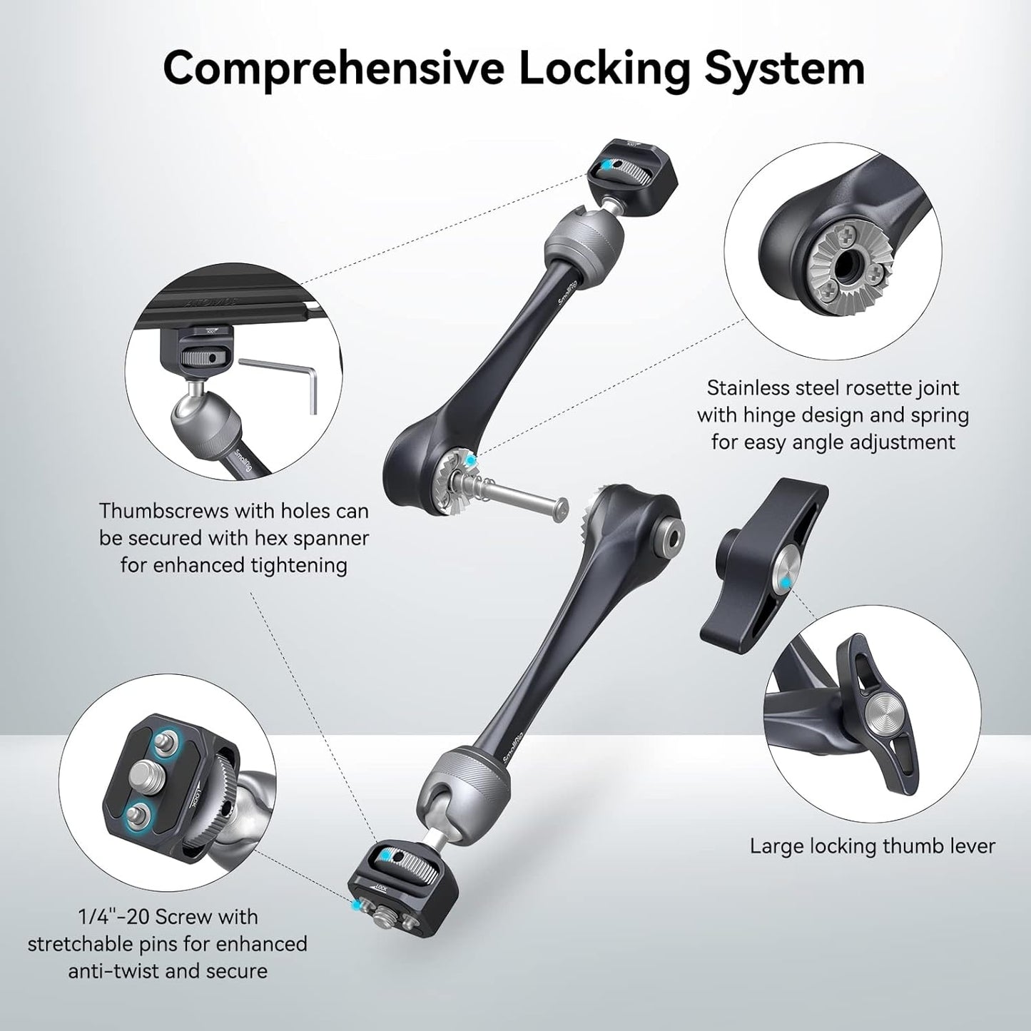 SMALLRIG Rosette Magic Arm 11 Inch with Ball Head, 1/4"-20 Screws, and Anti-Twist Pins, for Cameras/iPads/Monitors/LED Lights/Smartphones/Action Cameras, Max Load Capacity 3kg