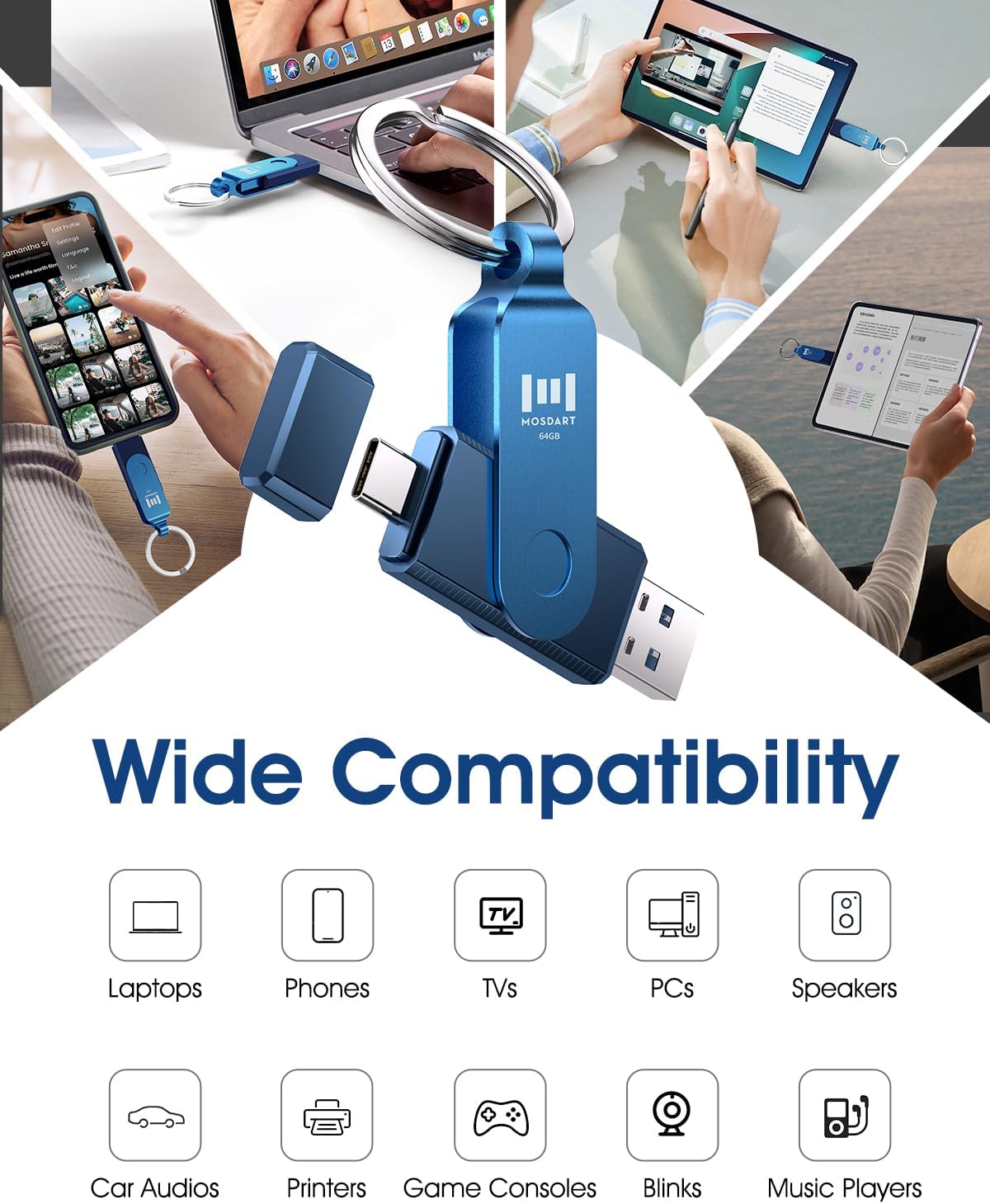 MOSDART 64GB Dual USB C Flash Drive, Speed Up to 150MB/S Type C 3.1 Thumb Drive with Keychain, for iPhone 15 and 16, Android Phone, iPad, MacBook, and Laptops, Navy Blue