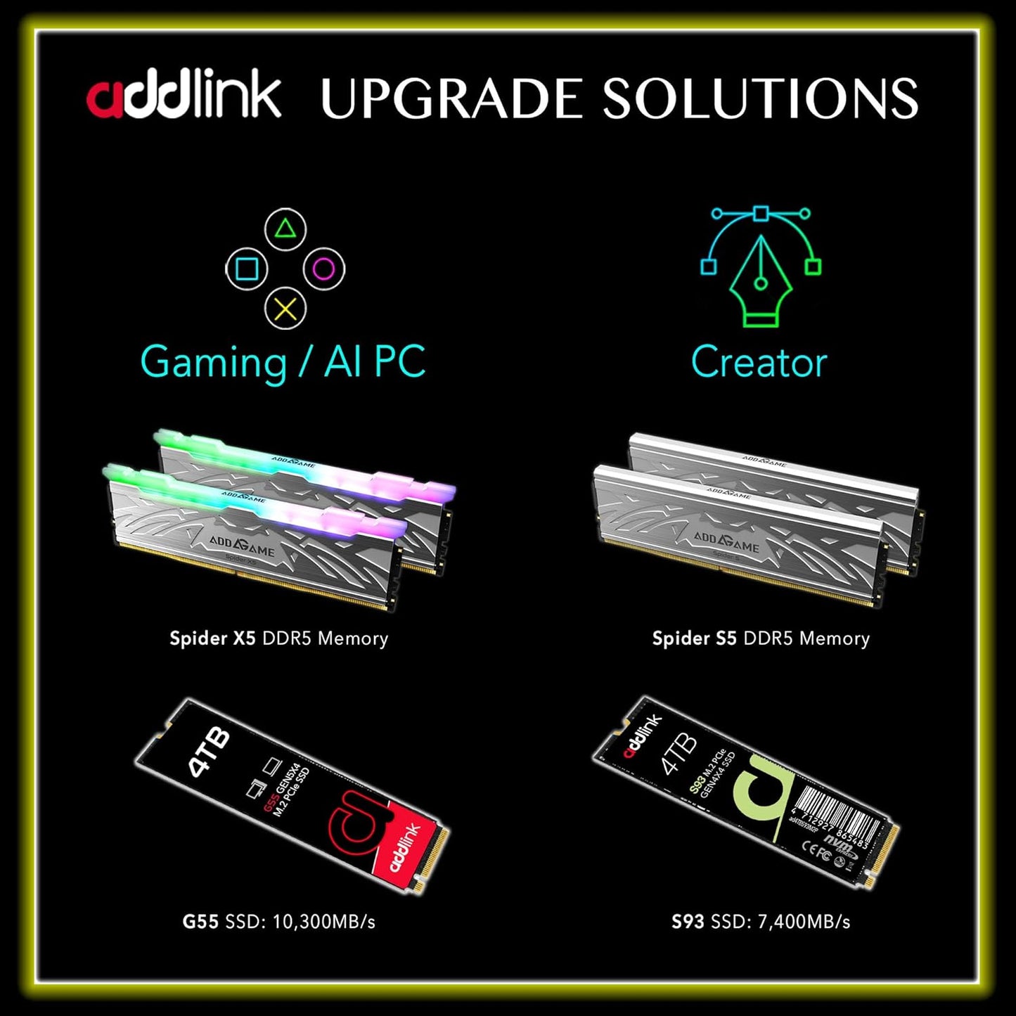 Addlink G55 1TB PCIe 5.0 Gen5 NVMe M.2 SSD- Up to 10,200 MB/s - PC Gaming Upgrade, Photography, Video Editing & Design - Gen5x4 Internal Solid State Drive (ad1TBG55M2P)