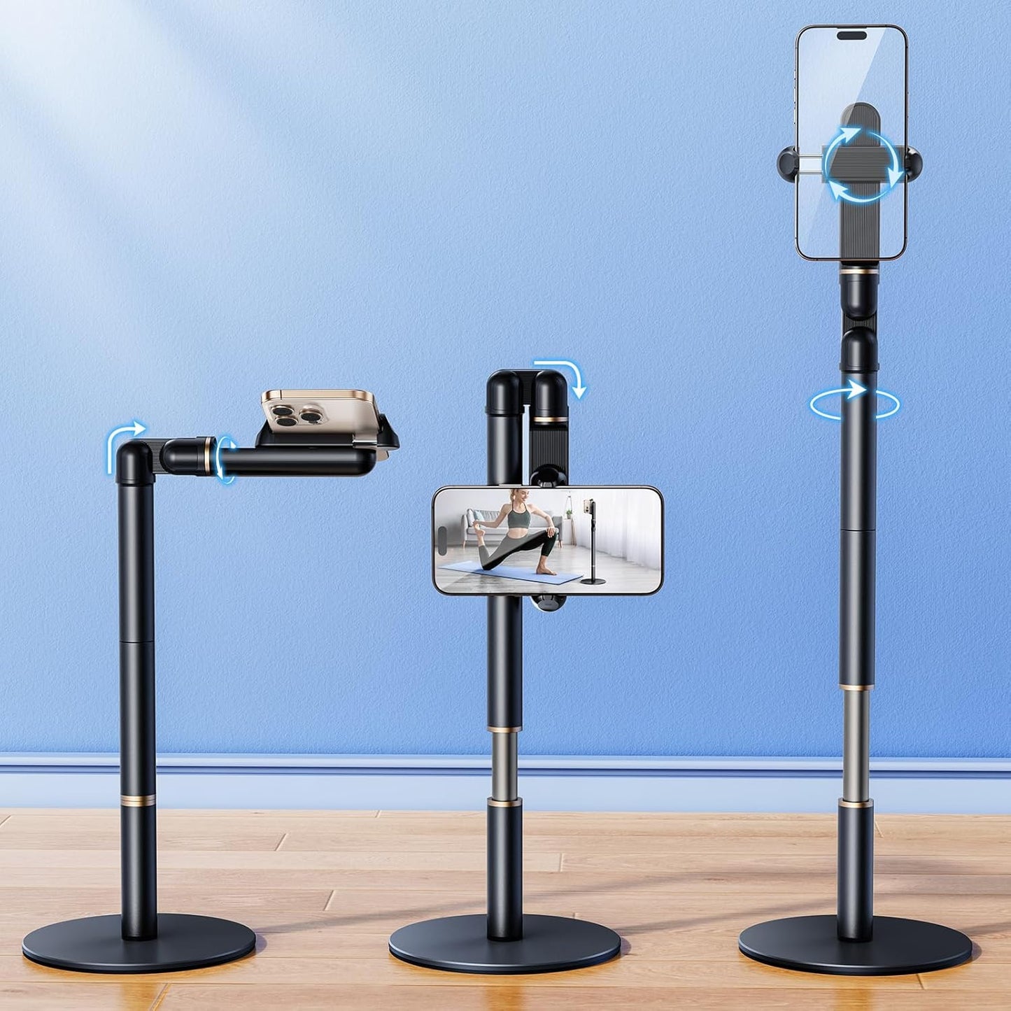 Angle Height Adjustable Phone Holder for Desk [10"-25"] - Retractable Cell Phone Holder for Video Recording Cooking Excising Working Reading -Aluminum Universal iPhone 16 15 14 13 Stand