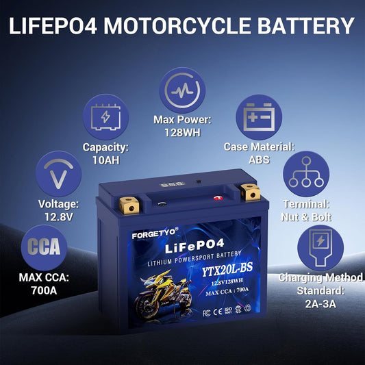 Lithium YTX20L-BS, 700A LiFePO4 Motorcycle Battery, 12V 10AH ATV, UTV, Jet Ski, 4 Wheeler, Snowmobile, Personal Watercraft, Seadoo, Polaris, Tractor,Generator and Riding Lawn Mower Battery