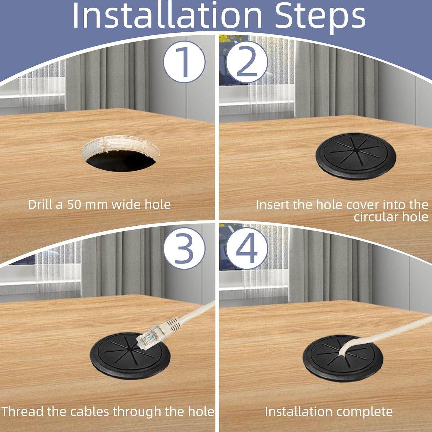 6-Pack Black Desk Grommet Cable Management Kit - 1.97 inch (5cm) Hole Cover,ABS Plastic Grommet Hole Cover Organizer for Office Computer Desk,Hide Cords Neatly