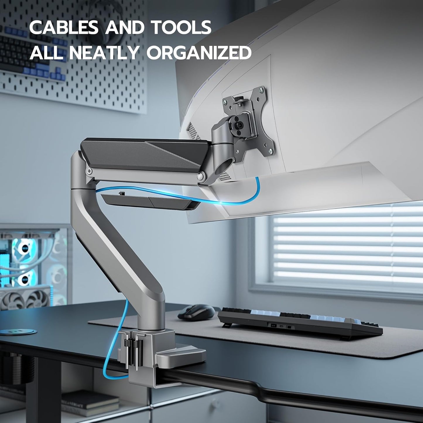 ARES WING Ultrawide Single Monitor Arm, Heavy Duty Monitor Mount for 13"-45" Curved Screens, Adjustable Stand for Desk with C-clamp & Grommet Base up to 40 LBS, Gray