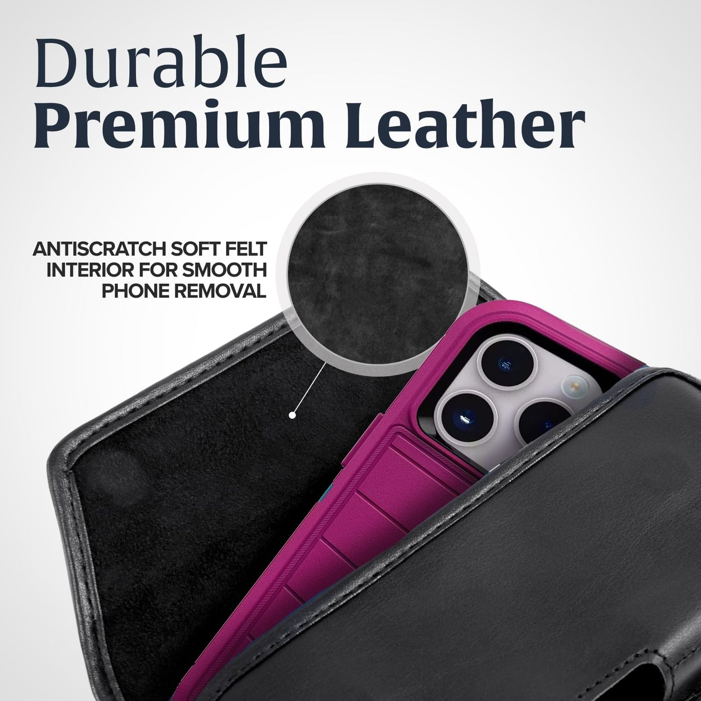 Turtleback Belt Holder for iPhone 16 Pro, 16e, 15 pro 14 Pro 13 Pro -Large- Fits w/Defender Bulky Style Cases, Premium Black Leather, Horizontal Case, Magnetic Closure Leather Wrapped Belt Clip