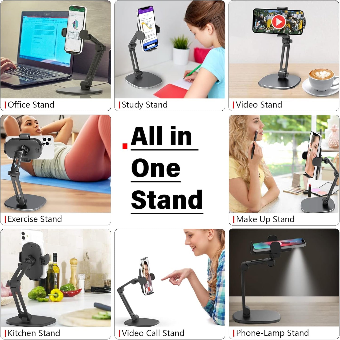 APPS2Car Phone Stand for Desk [No Dropping Stable Triple-Clamp Holder] Adjustable Height 360 Degree Rotation Heavy Base Thick Case Friendly, Multifunctional Cell Phones Stand for iPhone Android Phones