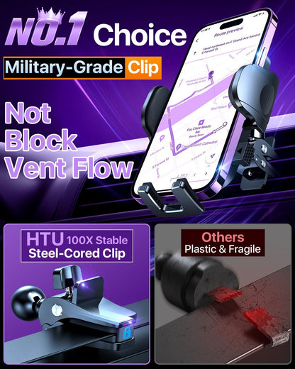 HTU 2025 Best Car Phone Holder 【Ultimate 5-in-1 & Upgraded 100+LBS Strongest Suction】【True Military-Grade & Safety Cert】 360° Windshield Dashboard Vent Mount Stand for iPhone Android & Truck, Purple
