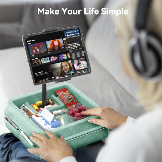 KDD Tablet Pillow Holder - 360°Adjustable iPad Pillow Stand for Lap, Bed and Desk - Gooseneck Tablet Soft Pad Dock with Storage Tray and Pocket Compatible with iPad Pro 12.9, Air Mini, Phone,(Green)