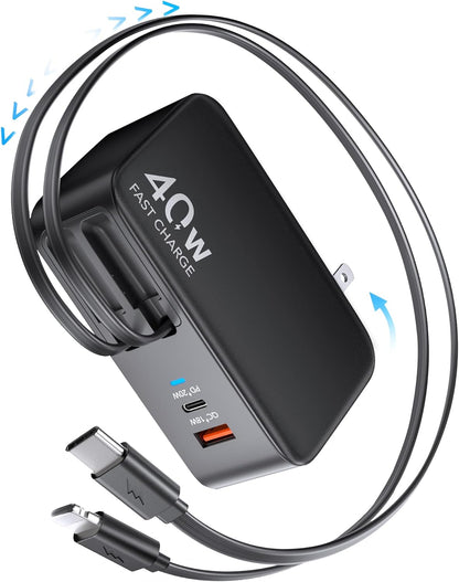 4-in-1 Retractable Gan Wall Charger Plug,Travel Essentials Brick Multiport USB Ports,3ft Lightening and Type c Cables,40W Multi Fast Charging Foldable Block for iPhone 16/15/14/13,iPad,Galaxy,Pixel