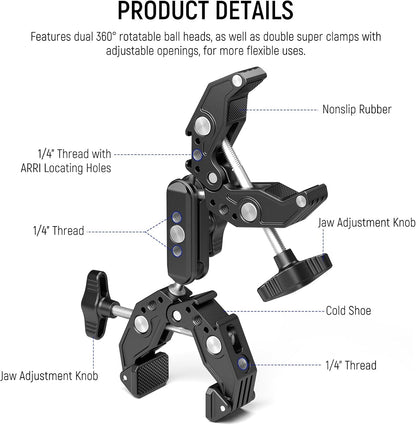 NEEWER Double Super Clamp with Magic Arm, Cleaning Cloth, Umbrella Camera Pole Clamp Mount for Desk Photo Studio Light Stand, Reflector, Scrim, Cross Bar, Motorcycle, Photography Accessories, UA036