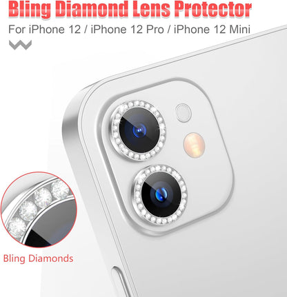 AGVEE 3+3 6 Pack for iphone 12 Pro/12/12 Mini/11 Pro Max/11 Pro/11 Camera Lens Cover Protector, Bling Diamond & Bling Glitter Metal Ring 9H Tempered HD Glass Camera Protector, Bling-Silver