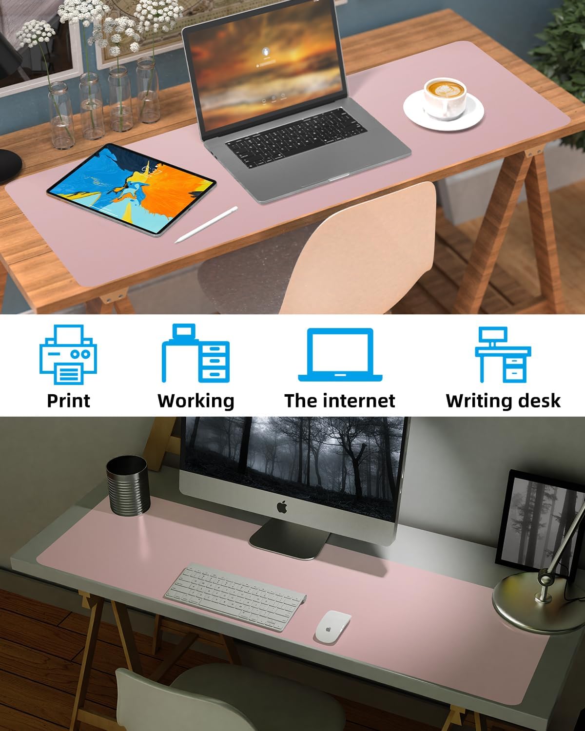 Extra Large Leather Desk Protector, Office Mat, Mouse & Laptop Pad, Non-Slip Blotter, Waterproof Writing Pad - Rose Pink, 55" x 17"