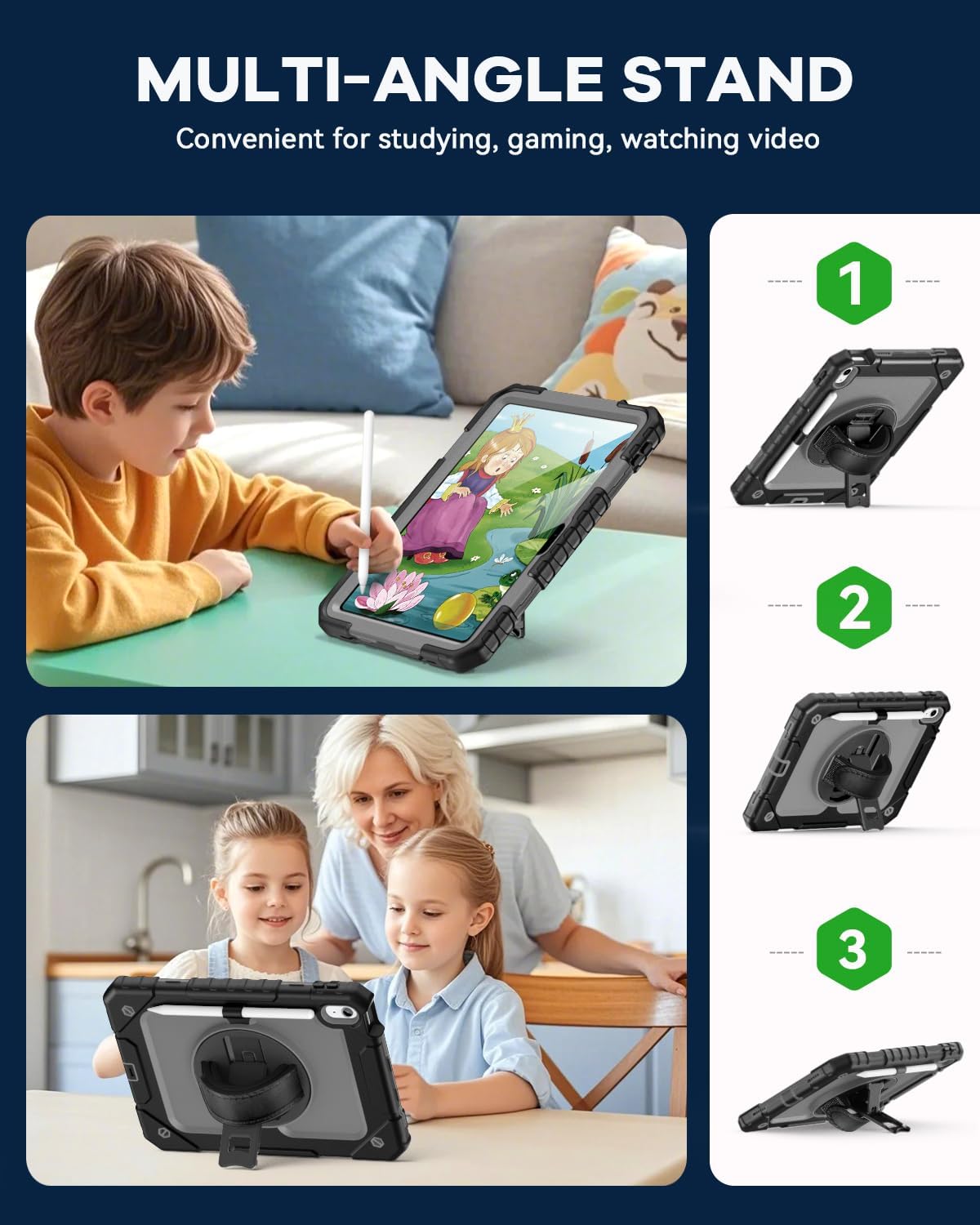 Cantis Case for iPad 11-inch (A16) 2025/ iPad 10th Generation 2022 (10.9 inch) with Screen Protector, iPad 11th Case with 360 Degree Rotating Stand/Shoulder Strap/Pencil Holder, Black+Grey